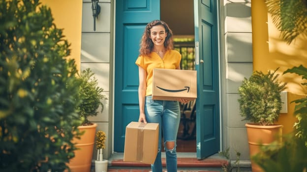 Smiling woman holding Amazon Prime cardboard parcel box against front door house entrance. Black Friday sale. Online shopping. Generative ai