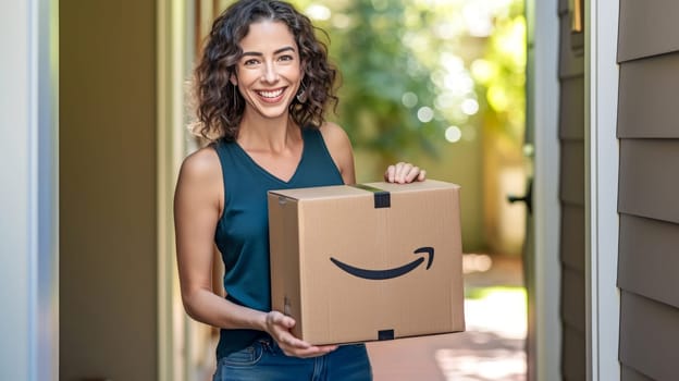 Smiling woman holding Amazon Prime cardboard parcel box against front door house entrance. Black Friday sale. Online shopping. Generative ai