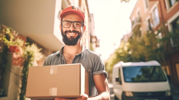Smiling delivery man holding cardbox parcel box looking at camera blurred street background. Generative ai