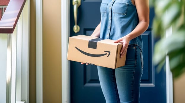Faceless woman holding Amazon Prime cardboard parcel box against front door house entrance. Black Friday sale. Online shopping. Generative ai