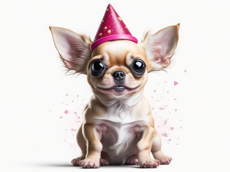Cute funny chihuahua puppy wearing birthday hat on white background. Generative Ai