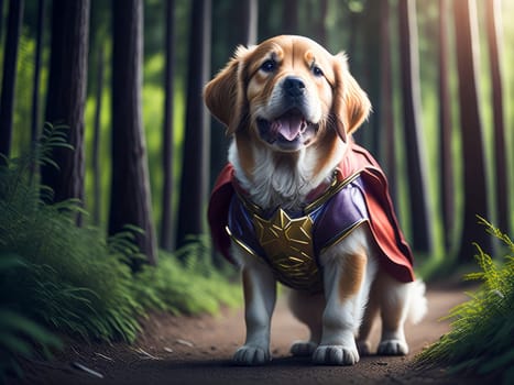 Cute golden retriever puppy wearing superhero costume autumn forest on background. Halloween costume. Dog vacation relax concept. Generative Ai