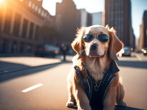 Cute dog golden retriever breed wearing denim jacket and sunglasses city on background. Dog vacation relax concept. Generative Ai