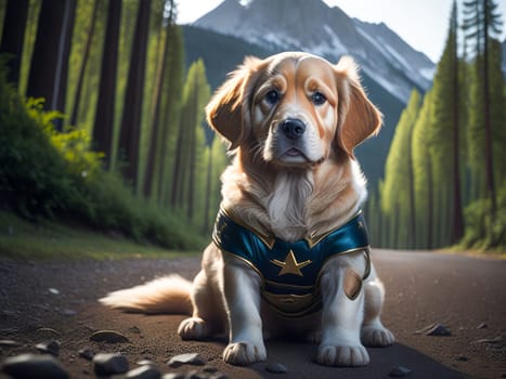 Cute golden retriever puppy wearing superhero costume autumn forest on background. Halloween costume. Dog vacation relax concept. Generative Ai