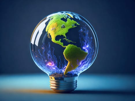 Eco friendly lightbulb in shape of planet earth, concept of Renewable Energy and Sustainable Living. concept business energy in nature on the world. Generative Ai
