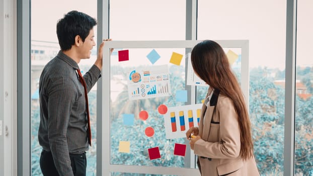 Business people work on project planning board in office and having conversation with coworker friend to analyze project development . They use sticky notes posted on glass to make it organized. Jivy