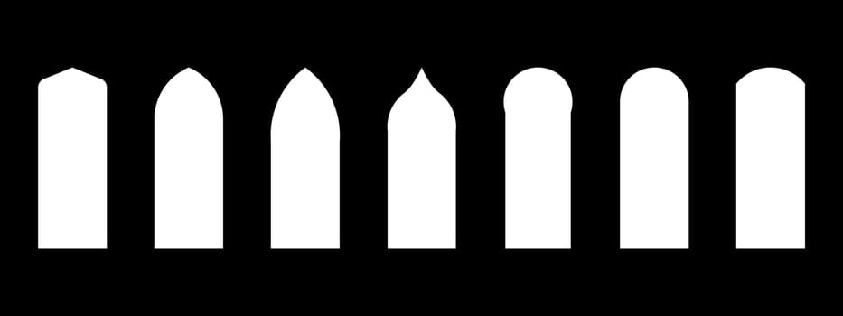 Different Islamic window shapes on black background.