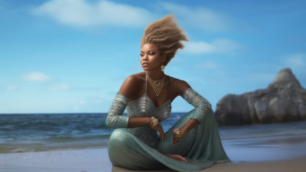 Stylish beautiful african american woman in a blue-silver luxurious dress sits on the beach, near the sea, looks away . Ai generative