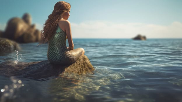 Back view of girl with long hair, in a mermaid costume, sits on the rock in the sea, looking at the side of the sea. Ai generative