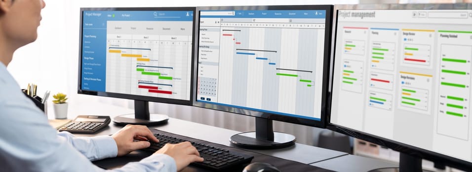 Project manager planning schedules for business task on office using gantt chart software display on screen. Modern business management and work flow organization. Trailblazing