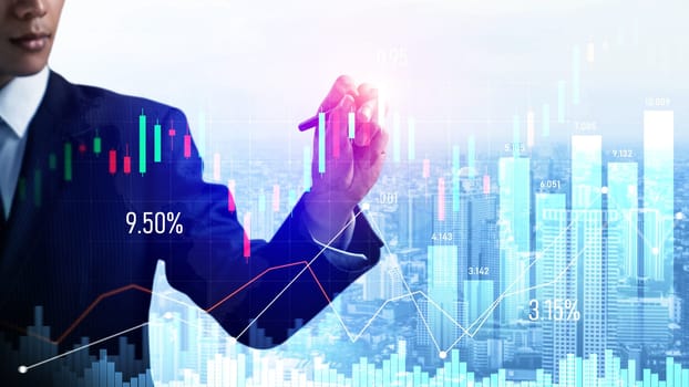 Businessman analyst working with digital finance business data graph showing technology of investment strategy for perceptive financial business decision. Digital economic analysis technology concept.