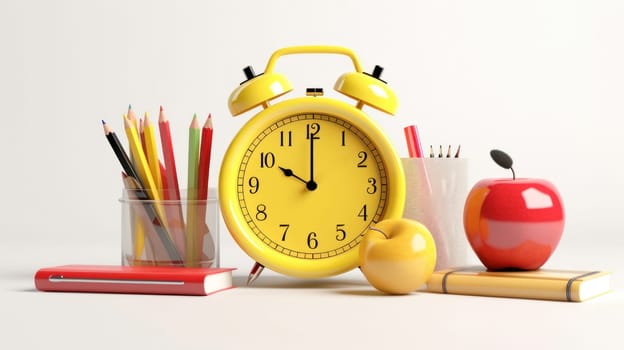 Colorful school supplies, yellow alarm clock on white background. Back to school. Generative ai