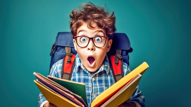 Surprised little boy in glasses with backpack reading book on blue background. Back to school. Generative Ai