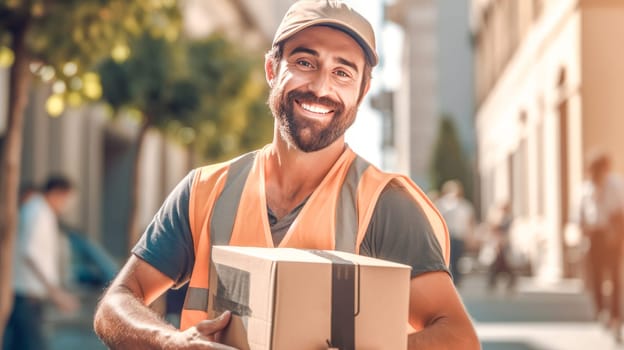 Smiling delivery man holding cardbox parcel box looking at camera blurred street background. Generative ai