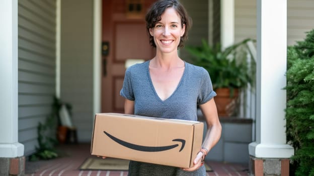 Smiling woman holding Amazon Prime cardboard parcel box against front door house entrance. Black Friday sale. Online shopping. Generative ai