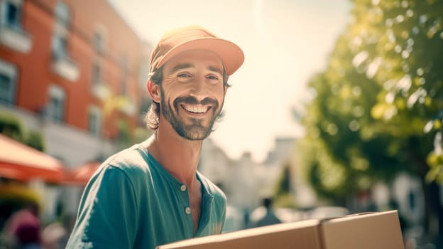 Smiling delivery man holding cardbox parcel box looking at camera blurred street background. Generative ai