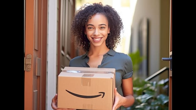 Smiling woman holding Amazon Prime cardboard parcel box against front door house entrance. Black Friday sale. Online shopping. Generative ai