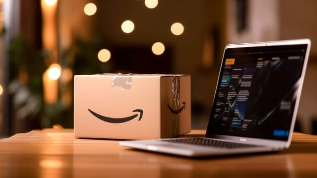 Delivered parcel box on table with laptop blurred home background. Amazon Prime shopping. Online shopping. Generative Ai