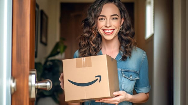 Smiling woman holding Amazon Prime cardboard parcel box against front door house entrance. Black Friday sale. Online shopping. Generative ai