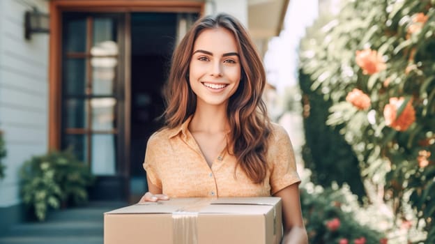 Smiling woman holding cardboard parcel box against front door house entrance. Black Friday sale. Online shopping. Generative ai