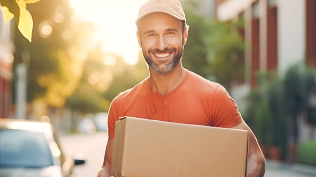 Smiling delivery man holding cardbox parcel box looking at camera blurred street background. Generative ai
