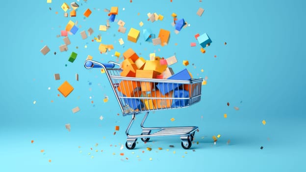 Shopping cart full of colorful gift boxes on blue background with confetti. Black Friday sale. Online shopping. Generative ai
