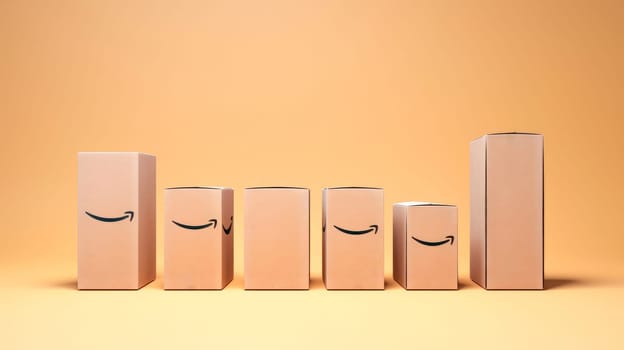 Pile of Amazon Prime cardboard boxes packages on yellow background. Generative Ai