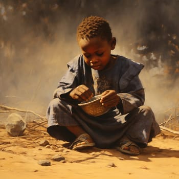 African hungry boy sits on the ground and eats. Generative AI. High quality illustration