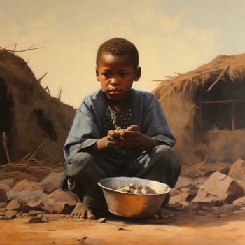 African hungry boy sits on the ground and eats. Generative AI. High quality illustration