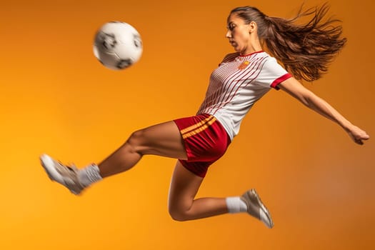 Girl soccer player kicks the ball in the studio. Generative AI. High quality illustration