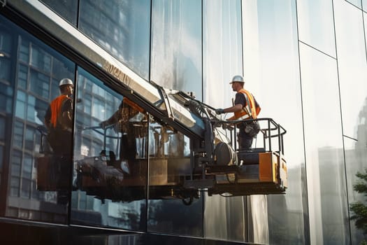 A professional industrial climber washes a window on a lifting platform. Generative AI. High quality illustration