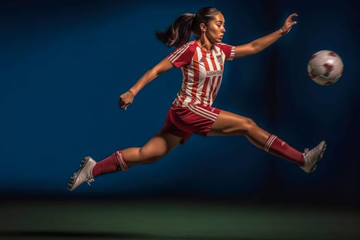 Girl soccer player kicks the ball in the studio. Generative AI. High quality illustration