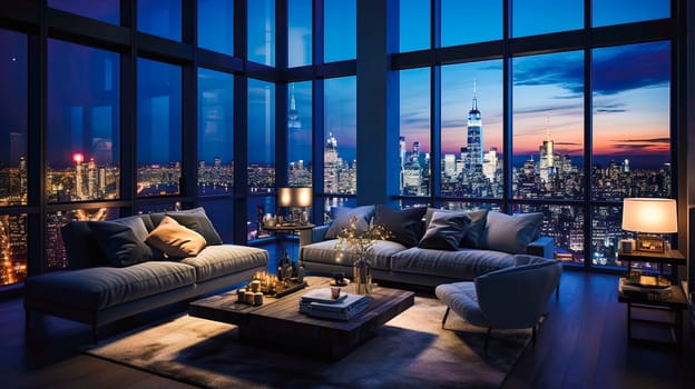 Apartment with large glass windows overlooking the modern metropolis. Generative AI. High quality illustration