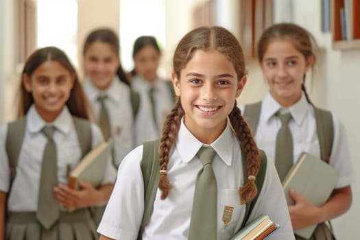 Portrait of girls in school uniform. The girls go to school. Generative AI. High quality illustration