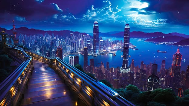Modern metropolis in the evening from a bird's eye view. Generative AI. High quality illustration