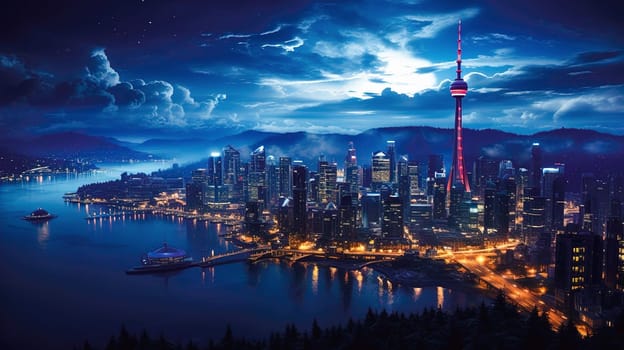 Modern metropolis in the evening from a bird's eye view. Generative AI. High quality illustration