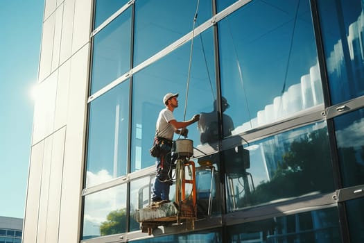 A professional industrial climber washes a window on a lifting platform. Generative AI. High quality illustration