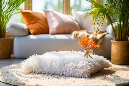 Bright sunny room with a white fluffy carpet and a cushion on the floor. Generative AI. High quality illustration