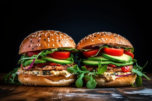 Two appetizing, meat burgers with avocado and tomatoes on a cutting board. Generative AI. High quality illustration