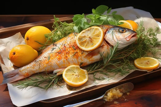 Baked fish with lemon. Serving meals from the chef. Generative AI. High quality illustration
