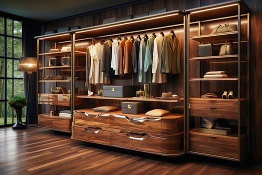 Modern, stylish dressing room in dark colors. Generative AI. High quality illustration