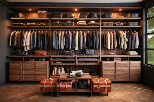 Modern, stylish dressing room in dark colors. Generative AI. High quality illustration