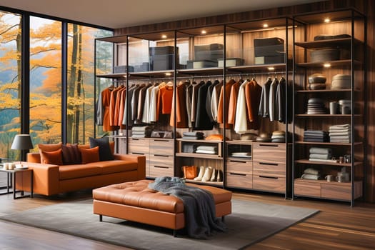 Modern, stylish dressing room in dark colors. Generative AI. High quality illustration