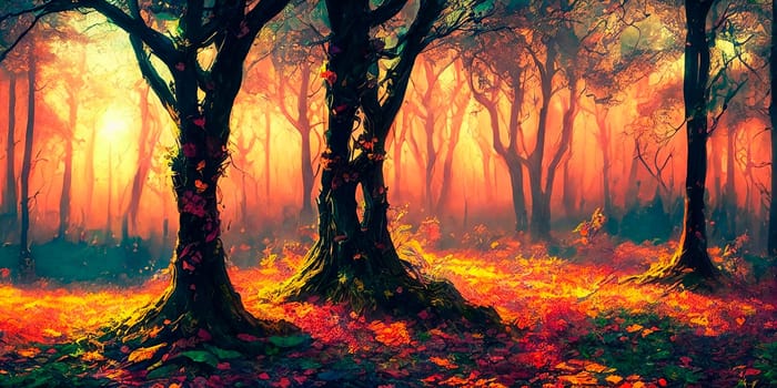 Fantasy fairy forest with colorful leaves at sunset. AI Generative