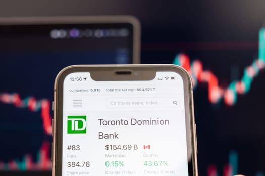 Toronto Dominion Bank stock price on the screen of cell phone in mans hand with changing stock market exchange with trading candlestick graph analysis, February 2022, San Francisco, USA