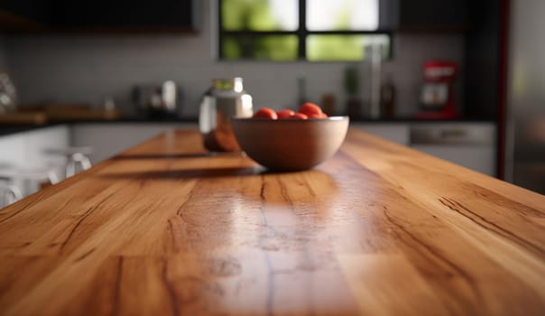 Beautiful wood table top with blur red tomato on dish and blur bokeh modern kitchen interior with window background. Ai generative