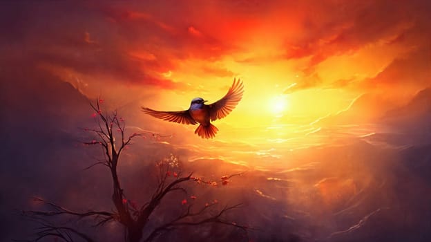 Birds grace sunset mountains, nature's masterpiece.. Generative AI