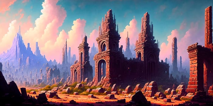 Digital painting of a ruins of a gigantic fantasy city destroyed by the greatest cataclysm of all time . AI Generative