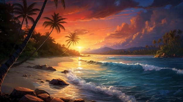 Sunset over the sea, tropical island, panorama . AI Generative