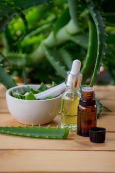 aloe vera essential oil on a wooden background, juice. Selective focus